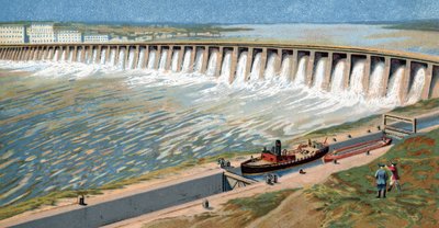 Vista de la central hidroeléctrica del Dniéper o presa de Dneprostroi construida para estimular la industrialización soviética por Iosef Stalin en 1932 Cromolitografía de Unknown Artist