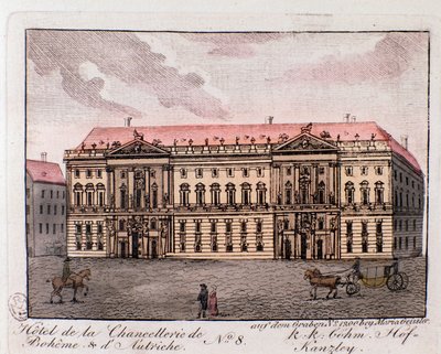 Vista del Hotel de la Cancillería de Bohemia y Austria en Viena, Austria. Grabado de 1815. Colección privada de Unknown artist
