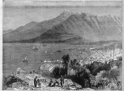 Vista del puerto de Beirut y las montañas del Líbano. Grabado en “El Universo Ilustrado” de Unknown artist