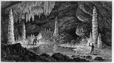 Vista de la cueva de Reclere en Suiza. Grabado en "La Nature. Revue des sciences et de ses applications aux arts et a l
