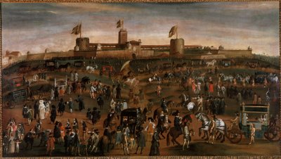Vista de la ciudad de Milán, del castillo de los Sforza (Castello Sforzesco) y tráfico de carruajes. Pintura anónima alrededor de 1660-1670. Milán, Museo de Milán. de Unknown artist
