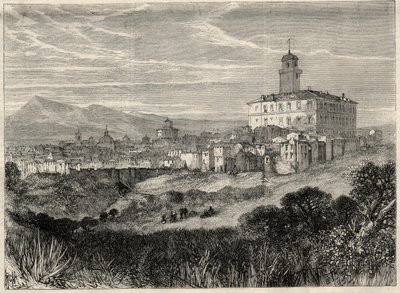 Vista de la ciudad de Monterotondo en Italia. Grabado en “L