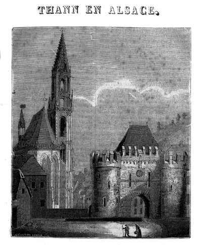 Vista de la ciudad de Thann en el departamento de Haut-Rhin en Alsacia. de Unknown artist