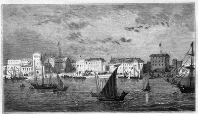 Vista de la ciudad de Zanzíbar en África. A la izquierda, el consulado francés. A la derecha, el palacio del sultán y el arsenal. Grabado en “El Universo Ilustrado” de Unknown artist