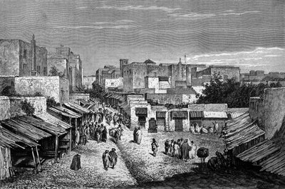 Vista de la carretera principal de la ciudad fortificada de Tánger y la costa, Marruecos. Grabado del siglo XIX. de Unknown artist