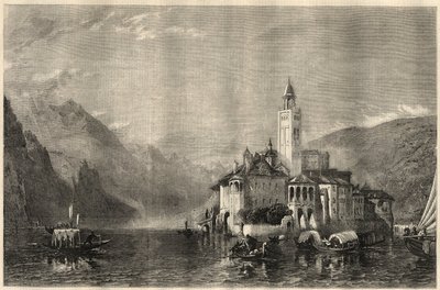 Vista del monasterio Mater Ecclesiae en la isla de San Julio en el lago Orta en Italia. Grabado después de una pintura de William Collingwood Smith (1815-1887). En “The Illustrated London News” del 22 de marzo de Unknown artist