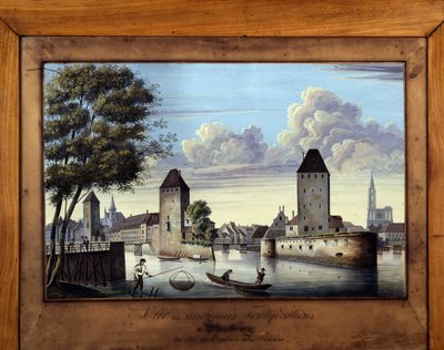 Vista de las antiguas fortificaciones en Estrasburgo del lado de la entrada del río - pintura sobre vidrio de Unknown artist
