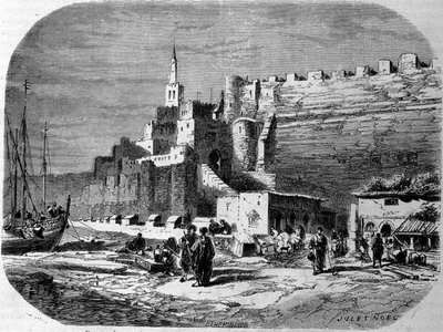 Vista del puerto de la ciudad fortificada de Tánger y la costa, Marruecos. Grabado de 1860. de Unknown artist