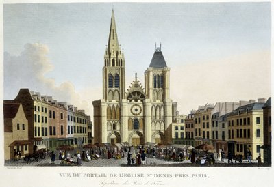 Vista del portal de la iglesia de St Denis, cerca de París, entierro de los reyes de Francia, y mercado en la plaza - en “Paris par Courvoisier” de Unknown artist