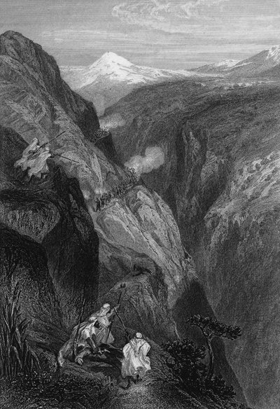 Vista de la teniah de Mouzaïa, el paso del Monte Atlas cruzado por el ejército francés en 1830, en Argelia en el siglo XIX, en 