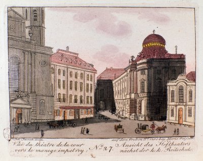Vista del teatro y el patio hacia el picadero imperial en Viena, Austria. Grabado de 1815 Colección privada de Unknown artist