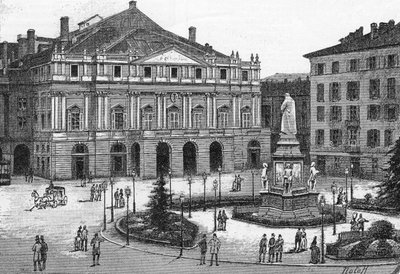 Vista del teatro de La Scala en Milán, Italia. (Teatro alla Scala Milano) Grabado en “El Mundo Ilustre” de Unknown artist