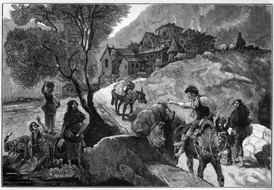 Vista del pueblo de Andorra la Vella de la República de Andorra y sus habitantes andorranos. Grabado en "Le Monde Illustré" de Unknown artist