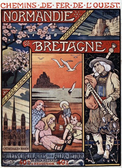 Vistas de Normandía (Rouen y Etretat) y Bretaña (Mont Saint Michel), niños en la playa y gaitero - cartel publicitario de los Ferrocarriles del Oeste, c.1890 de Unknown artist