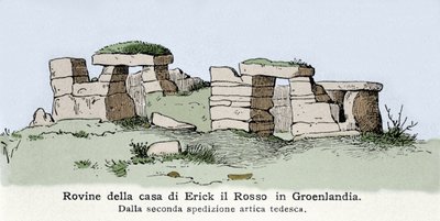 Vikingo: vista de las ruinas de la casa del noruego Erik el Rojo (940 o 950-1003 o 1010) en Groenlandia. Ilustración del siglo XIX de Unknown artist