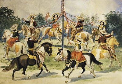 Cartel de época de jinetes rodeando un palo de mayo con cintas (litografía en color) de Unknown Artist