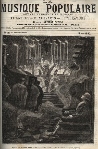 Visión de Wolfgang Amadeus Mozart (1756-1791) en la capilla (gran órgano) de la Abadía de Weingarten en Alemania - grabado en 