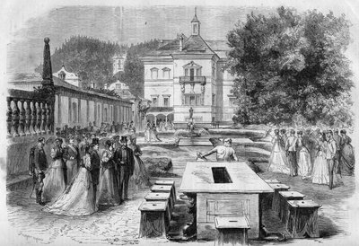 Visita del Emperador Francisco José (1830-1916) y la Emperatriz Isabel de Austria (Sissi) (1837-1898) con Eugenia (1826-1920), Emperatriz de los Franceses y Napoleón III a la residencia imperial de Hellbrunn en Austria el 21 de agosto de Unknown artist
