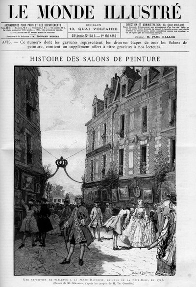 Visita de la exposición de pinturas en la Place Dauphine en la Île de la Cité en París, el día de la fiesta del Corpus Christi en 1725. Grabado en "Le Monde Ilustre" de Unknown artist