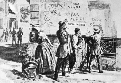 Viva Verdi: Inscripciones entusiastas para Giuseppe Verdi en Nápoles (reino de las dos Sicilias) bajo la ocupación austriaca en 1859, tras la prohibición de su ópera “Un Ballo in maschera” (V.E.R.D.I. = Vittorio Emanuele Re d
