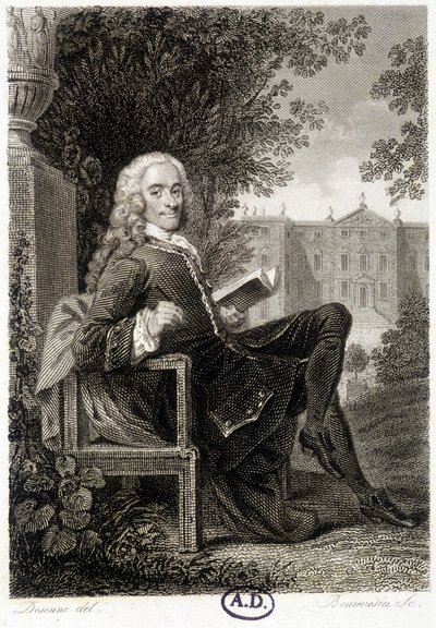 Voltaire leyendo en un parque - grabado de Unknown artist