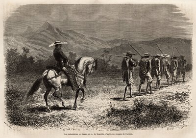 Voluntarios en camino a Cali, una larga fila de hombres con las manos atadas a la espalda, conectados por una cuerda entre sí, una cuerda sostenida por un soldado a caballo, que los lleva a un campo de entrenamiento militar. Grabado para ilustrar el viaje  de Unknown artist