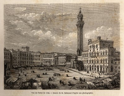 Vista de la plaza del ayuntamiento de Siena, grabado para ilustrar un viaje a Siena (Italia) en 1865, en “Le tour du monde, nouveau journal des voyages” publicado bajo la dirección de Edouard Charton de Unknown artist