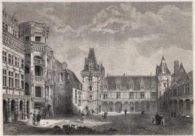 Vista exterior del castillo de Blois con la escalera monumental - Grabado en “Le Monde Illustré” de Unknown artist