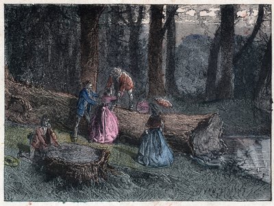 Caminantes intentan calcular la edad de un roble muerto estudiando el tronco del árbol. Grabado de finales del siglo XIX. de Unknown artist