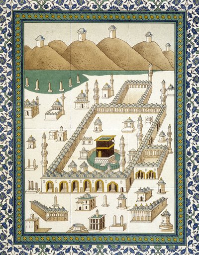 Fayenzas de pared: panel que representa la Kasbah (casbah) y sus alrededores (La Meca) - en "Arte Árabe después de los monumentos de El Cairo del siglo VII al XVIII" por Prisse d