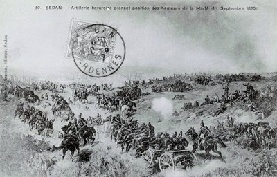 Guerra de 1870: Artillería bávara tomando posición desde las alturas de Marfe en las Ardenas el 01/09/1870. Grabado de 1870 de Unknown artist