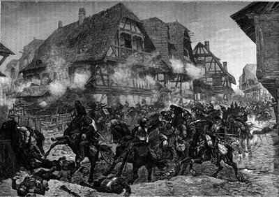 Guerra de 1870: la carga de los acorazados 8º y 9º por las calles de Morsbronn (Alsacia). Grabado en "Le Journal de la jeunesse" de Unknown artist