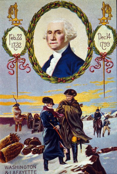 Guerra de Independencia de los Estados Unidos: el Marqués de Lafayette (1757-1834) se reunió con George Washington (1732-1799) en Valley Forge para ayudarlo en 1777. cromolitografía del siglo XIX de Unknown artist