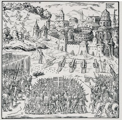 Guerra de Religiones: La ciudad de Nîmes sitiada por el Ejército del Rey (Enrique III) en 1576 - en Colección de 39 figuras que representan las calamidades de Francia de 1562 a 1586, Louis Perrin imprimerie de Unknown artist
