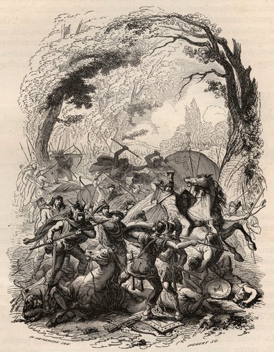 Guerra de las Galias: Batalla de Aduatuca entre el pueblo belga de los eburones y el ejército romano. Derrota de Quintus Titurius Sabinus y Lucius Aurunculeius Cotta en 54 a.C. Grabado de 1868 en “Histoire de Belgique desde tiempos primitivos hasta el fina de Unknown artist