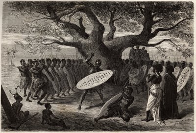 Ejercicios guerreros de los Landines o cafres-zulus, en Sena (región del río Zambeze, Mozambique). Grabado para ilustrar los primeros viajes del Dr. Livingstone al sur de África de 1840 a 1856, en 