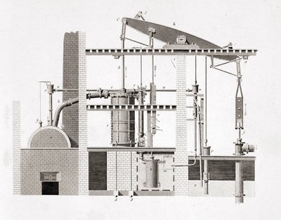 Máquina de vapor de Watt. Esquema. Grabado del siglo XIX de Unknown artist