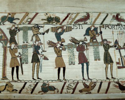 Armas y vino son llevados a los barcos durante el reabastecimiento para la conquista de Inglaterra por las flotas de Guillermo el Conquistador en 1066. Detalle del tapiz de Bayeux o Bordado de la Reina Matilde. de Unknown artist