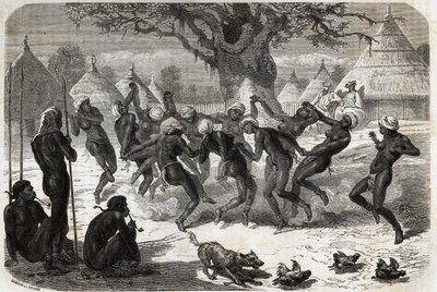 Danza de bienvenida por las mujeres de la tribu, al regreso de Baker y su esposa del Lago Alberto (Albert Nyanza). Grabado para ilustrar el viaje al lago Alberto, en 1861-1864, de Sir Samuel White Baker, en “Le tour du monde, nouveau journal des voyages de Unknown artist