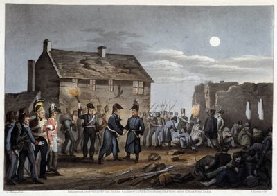 Wellington y Blucher encontrándose incidentalmente en Waterloo - en “Anecdotas e incidentes históricos, militares y navales que ocurrieron en los ejércitos de Bretaña y sus aliados, terminando en Waterloo” por Edward Orme, ilustrado por Atkinson, Londres de Unknown artist
