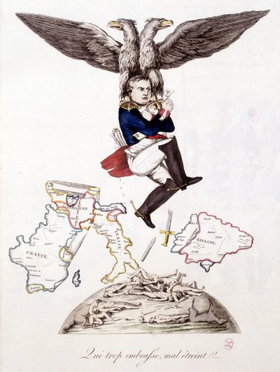 Quien mucho abarca, poco aprieta: después de sembrar la muerte por toda Europa, Napoleón se une a la isla de Elba, llevado por un águila - en “Napoleón 1º, caricaturas, colección ficticia”, c. 1814 de Unknown artist