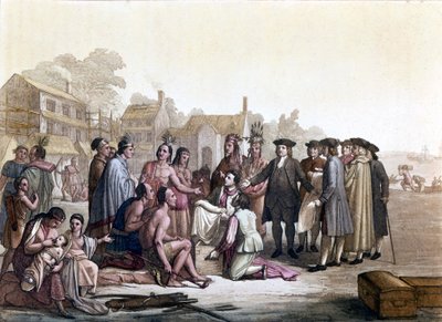 William Penn (1644-1718), un cuáquero inglés, trata la adquisición de tierras con los indios de América - Así sentó las bases de Pensilvania y la ciudad de Filadelfia - Ilustración en 