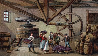 Producción de vino: prensa de vino del hospicio de Beaune (clos vougeot). Cromolitografía de finales del siglo XIX de Unknown artist