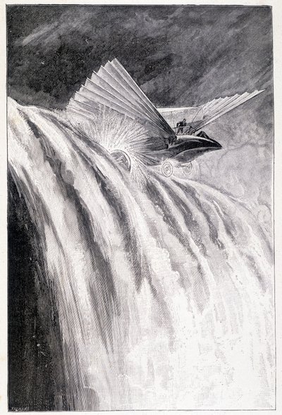 Vehículo alado cruzando una cascada, il. "El Amo del Mundo", Jules Verne, finales del siglo XIX de Unknown artist