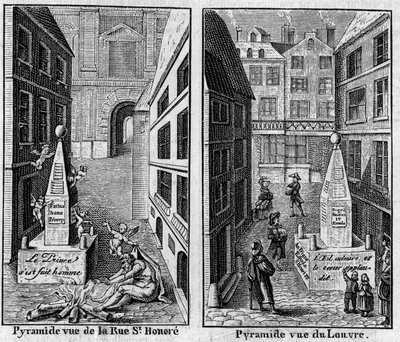 Pirámide de invierno 1784 en París. Facsímil de dos grabados publicados en “La Pyramide de neige”, almanaque de 1786. Grabado en “La Nature: revue des sciences et de leurs aplicaciones aux arts et a l