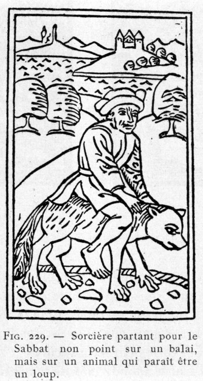 Bruja partiendo para el Sabbat no en una escoba, sino en un animal que parece ser un lobo de Unknown artist