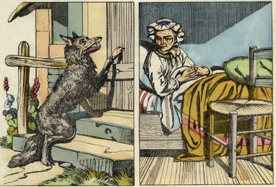 El lobo llama a la puerta de la abuela. Ilustración del cuento "Caperucita Roja" de Charles Perrault de Unknown artist
