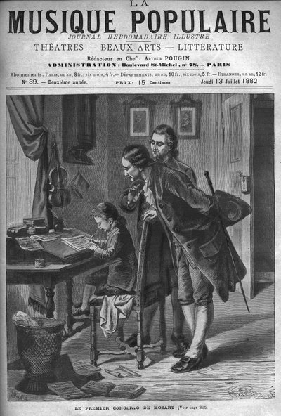 Wolfang Amadeus Mozart escribiendo un concierto para clavecín en presencia de su padre Leopold y Andreas Schachtner en 1762 - grabado en “Música Popular” periódico semanal ilustrado - 1882 de Unknown artist