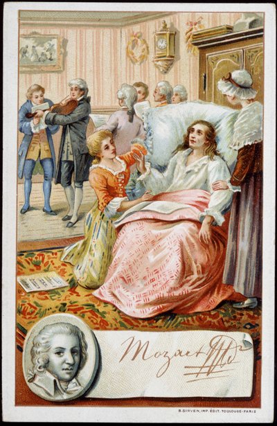 Wolfgang Amadeus Mozart (1756-1791) en los últimos días de su vida. Cromolitografía del siglo XIX de Unknown artist
