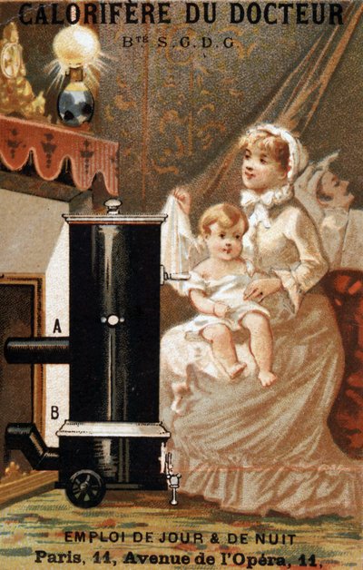 Mujer y niño calentándose en un interior, anuncio "calorífero del doctor", v. 1895 de Unknown artist